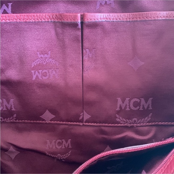 MCM Signature Gold Emblem Studded Burgundy Pebble Leather Tote Bag - Picture 6 of 11